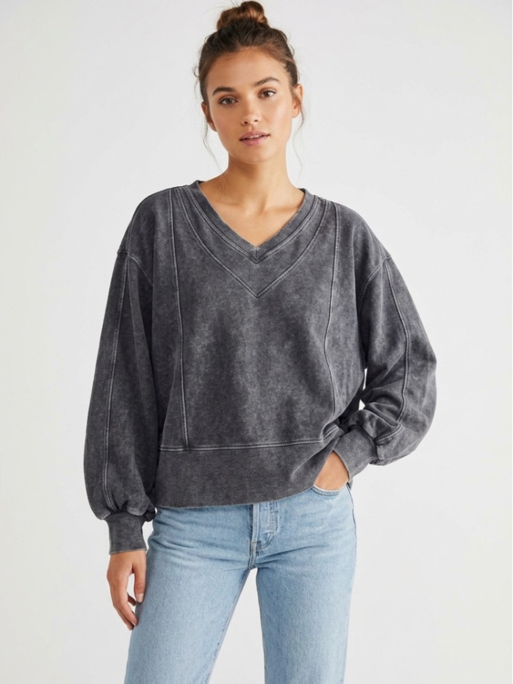 Free People Intimately Pullover V-Neck Oversized Sweatshirt Gray Size XS
